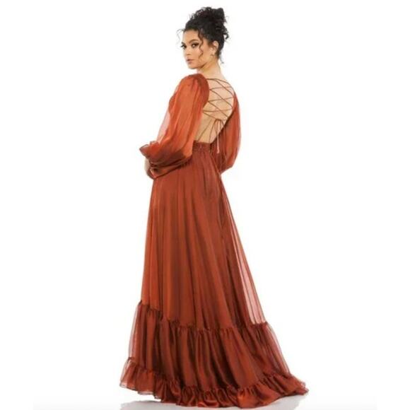 MAC DUGGAL Dress Size 0 Evening Gown Pleated Long Sleeve Lace Up Gown Copper - Picture 2 of 6